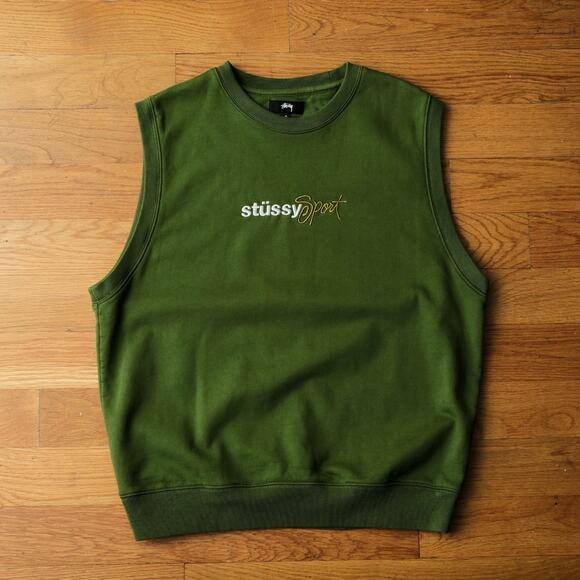 STUSSY Sport Cotton Fleece Green Vest Size M Sportswear Streetwear Sporty Retro - Picture 1 of 9